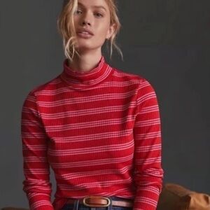 Anthropologie Maeve Red Pink Striped Turtleneck Sweater Long Sleeve Knit Top XS